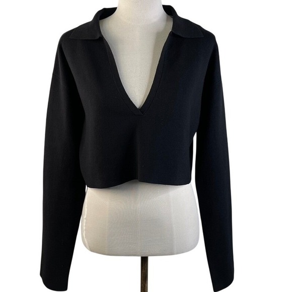 Meshki Lennox Collared Knit Jumper Black Deep V-Neck Crop Top TP04928KD3 Medium - Picture 2 of 13